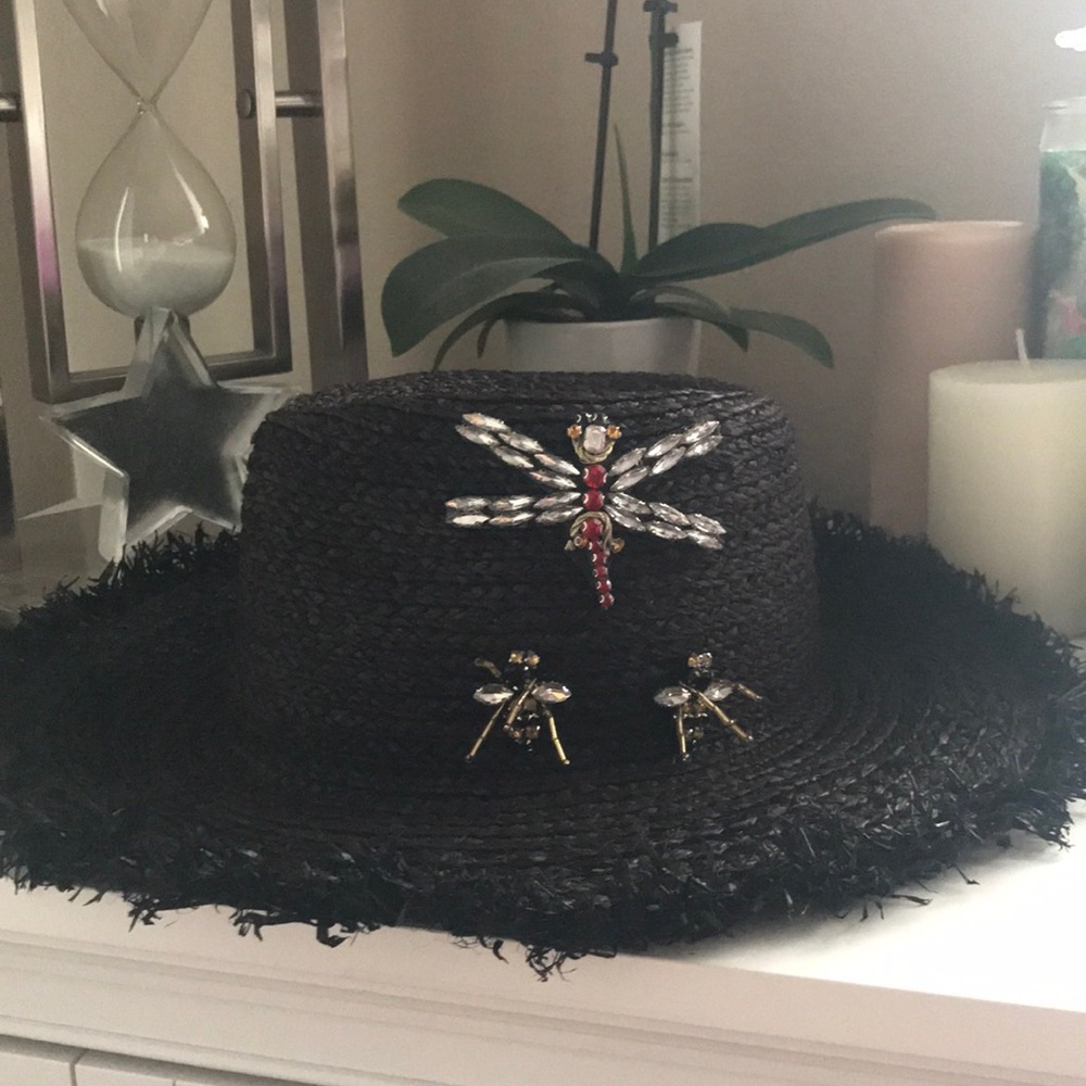 Steve Madden Jeweled Straw Black Sun Hat